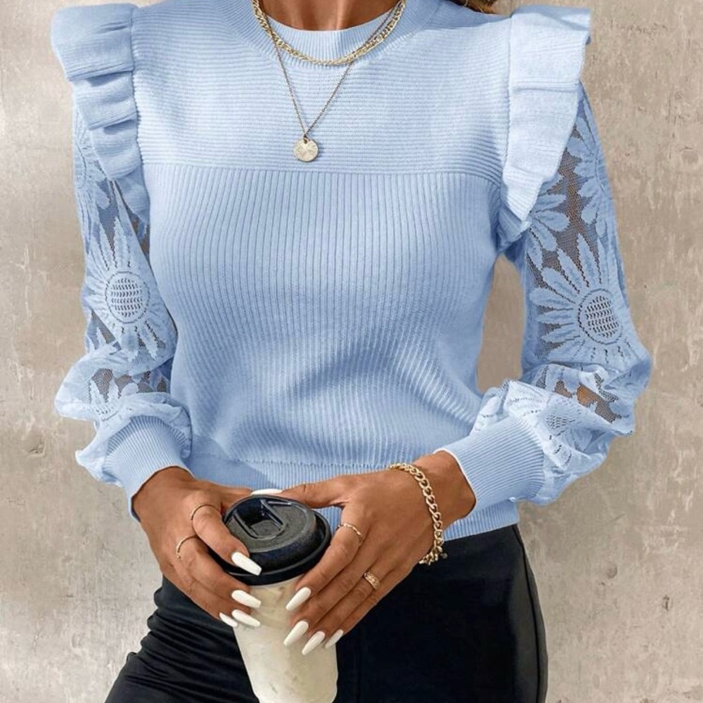Blue Ribbed Ruffled Long Sleeve Blouse - Picture 2 of 8
